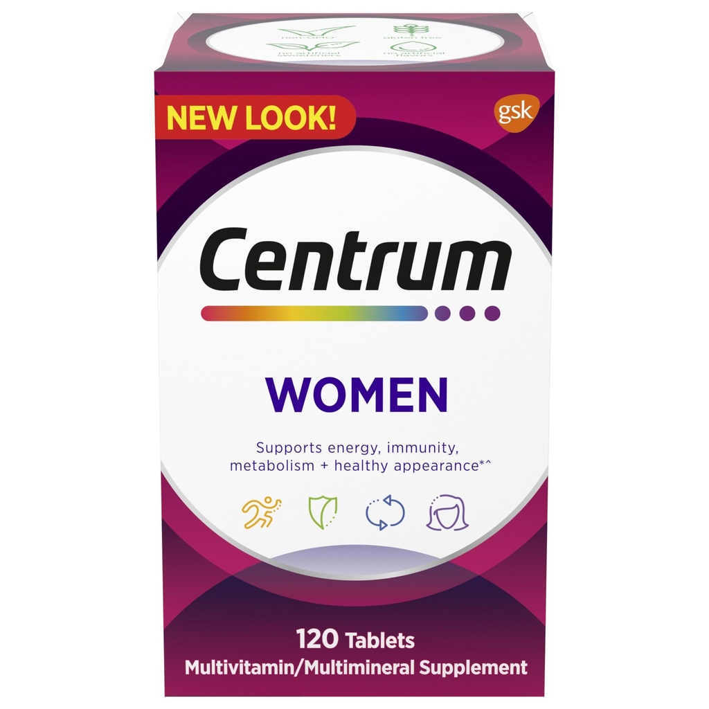 Centrum multivitamīni sievietēm, multivitamīni/multiminerāls Papildinājums ar dzelzi, D3 vitamīnu, B vitamīniem un antioksidantiem C un E vitamīniem, bez glutēna, ne-GMO Sastāvdaļas - 120 Skaits