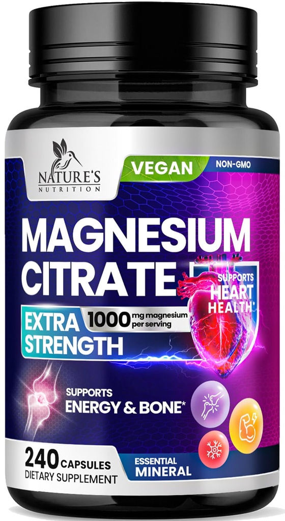 Magnija citrāts Papildinājums Tabletes 1000mg - 3X Stiprums Magnijs Papildinājumi kaulu, muskuļu, sirds, dabas miega atbalsts vīriešiem un sievietēm, Vegan Mag Mineral, ne-GMO, pudelēs ASV, 240 Kapsulas