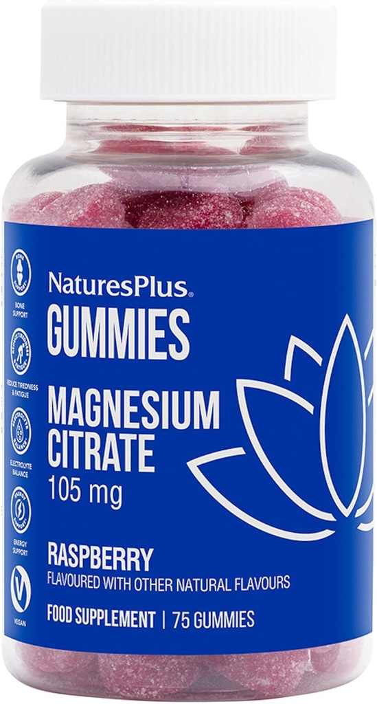 NaturesPlus Gumijas Magnija citrāts - 75 Gumijas, Avenes - palīdz nomierināt prātu un ķermeni, atbalsta kaulu blīvums - Veģetārs, bez lipekļa, non-GMO - 25 Kalpo