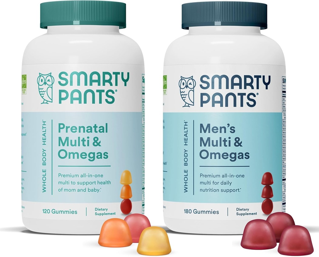 Viedās bikses Prenatālā un vīriešu multivitamīnu gumiju paka: Omega 3 zivju eļļa (EPA/DHA), biotīns, metilfolāts, D3 vitamīns, C vitamīns, B12, B6 vitamīns, A, K un cinks imūnās sistēmas atbalstam (30 dienu piegādes)