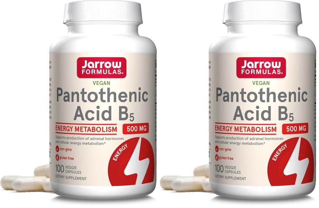 Jarow Formulas Pantothenic Acid B5 500 mg - 100 Veggie Caps - Essential B Vitamīnu - Enerģijas ražošanas un vielmaiņas atbalsts - 100 Servējumi (iepakojums no 2)
