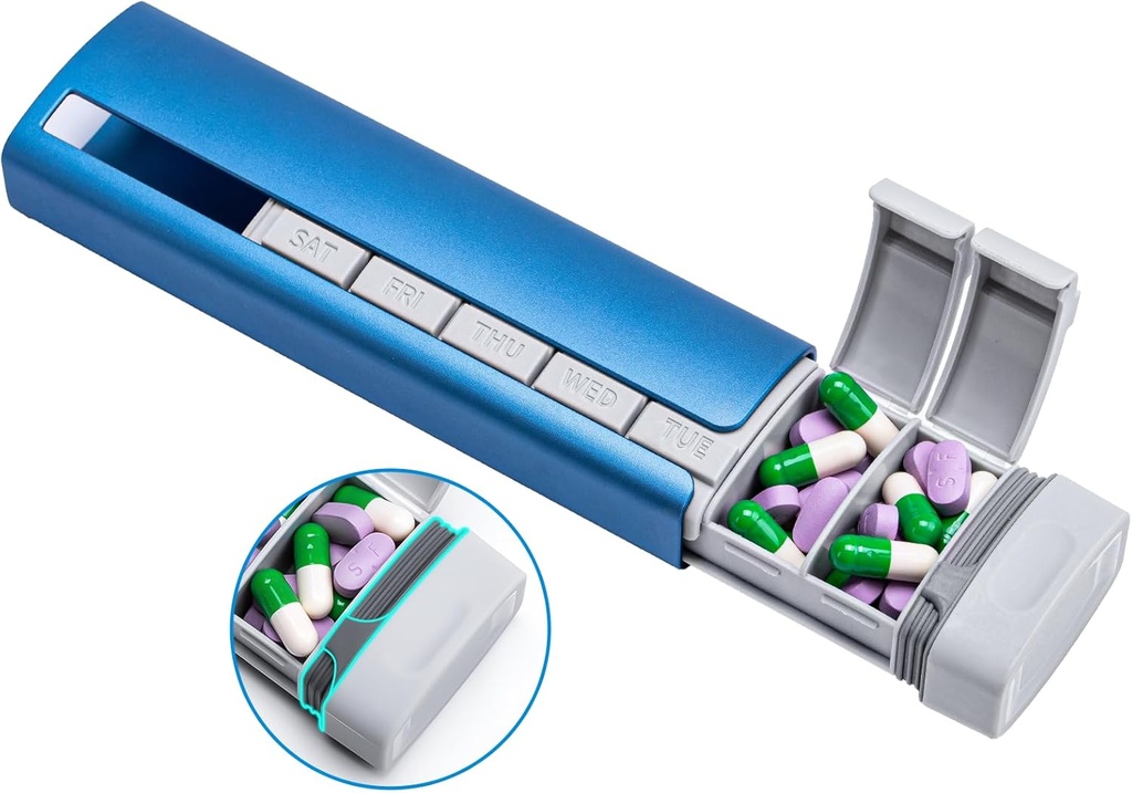 Daviky Metal Travel Pill Organizators, Premium Aluminum Pill Box 7 Day, Weekly Daily Pill Case, Stylish&Cute Pill Holder for Medicines, uztura bagātinātāji un vitamīni (Blue+Gray)