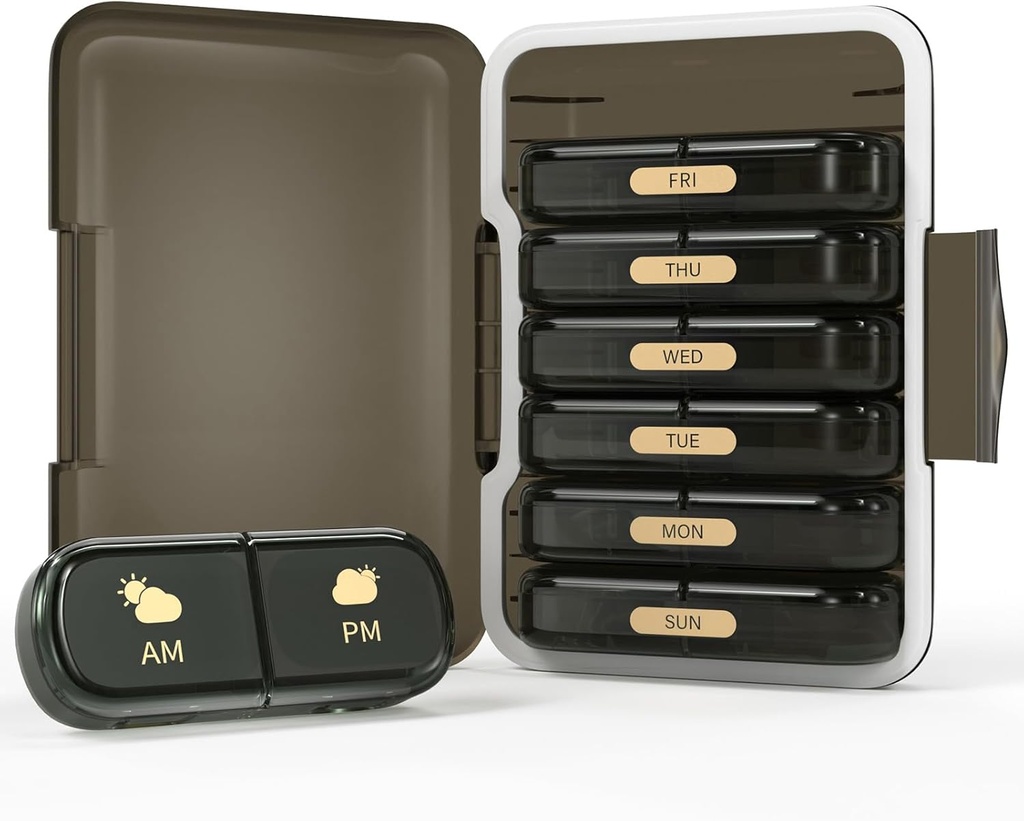 Nedēļas tabletes organizētājs 2 reizes dienā, 7 Day Pill Box 2 reizes, Portable Travel Pill Case for Pills/Vitamin/Zivju eļļa/Medication/Applements (2x7 Black)