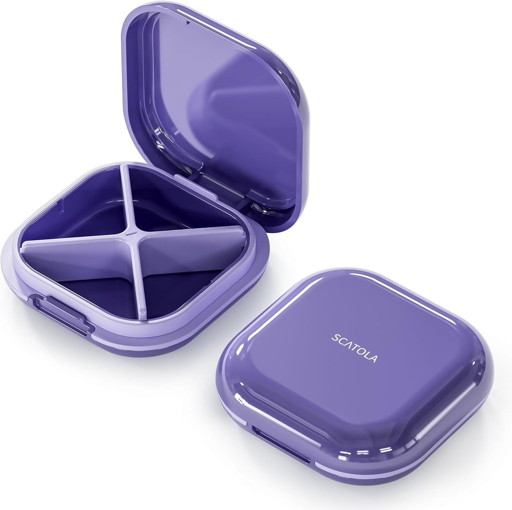 Mazs tabletes kaste, Travel Pill Box, Portable Pill organizētājs, Pill Konteiners kabatai 4 Iedalījumi, Daily Compact Travel Medicine turētājs vitamīnu Zāles (Purple)