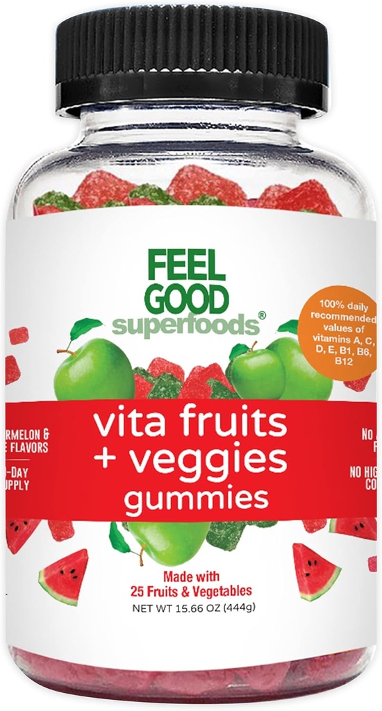 Jūtieties labi Superfoods Vita Augļi un Veģetatīvās piedevas, Multivitamīnu Augļu un Dārzeņu Gumijas, 25 Augļi un Dārzeņi, Arbūzs un Ābolu Flavors, Vegan, Ne-GMO, 60 Skaits