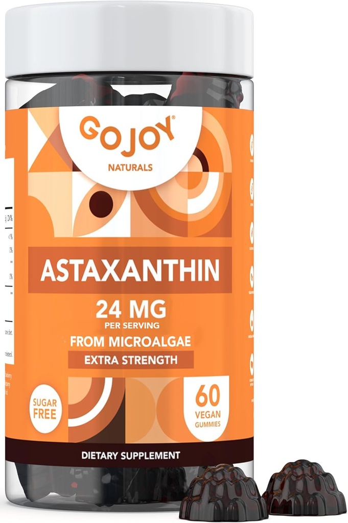 GOJOY NATURALLS Astaksantīna Gumijas 24mg – augstas iedarbības antioksidantu papildinājums – āda, acis un imūnās labsajūtas atbalsts – Vegāns, bez cukura, bez GMO, bez lipekļa, bez sojas – 60 Gumijas