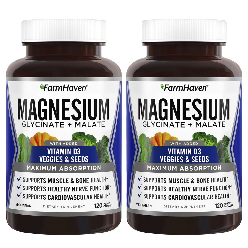 FarmHaven Magnija glicinate & Malate Complex w/Vitamīns D3, 100% Pacilāts Max Absorbcija- Kaulu veselība, Nervi, Muskuļi, 240 Kapsulas, 120 dienas