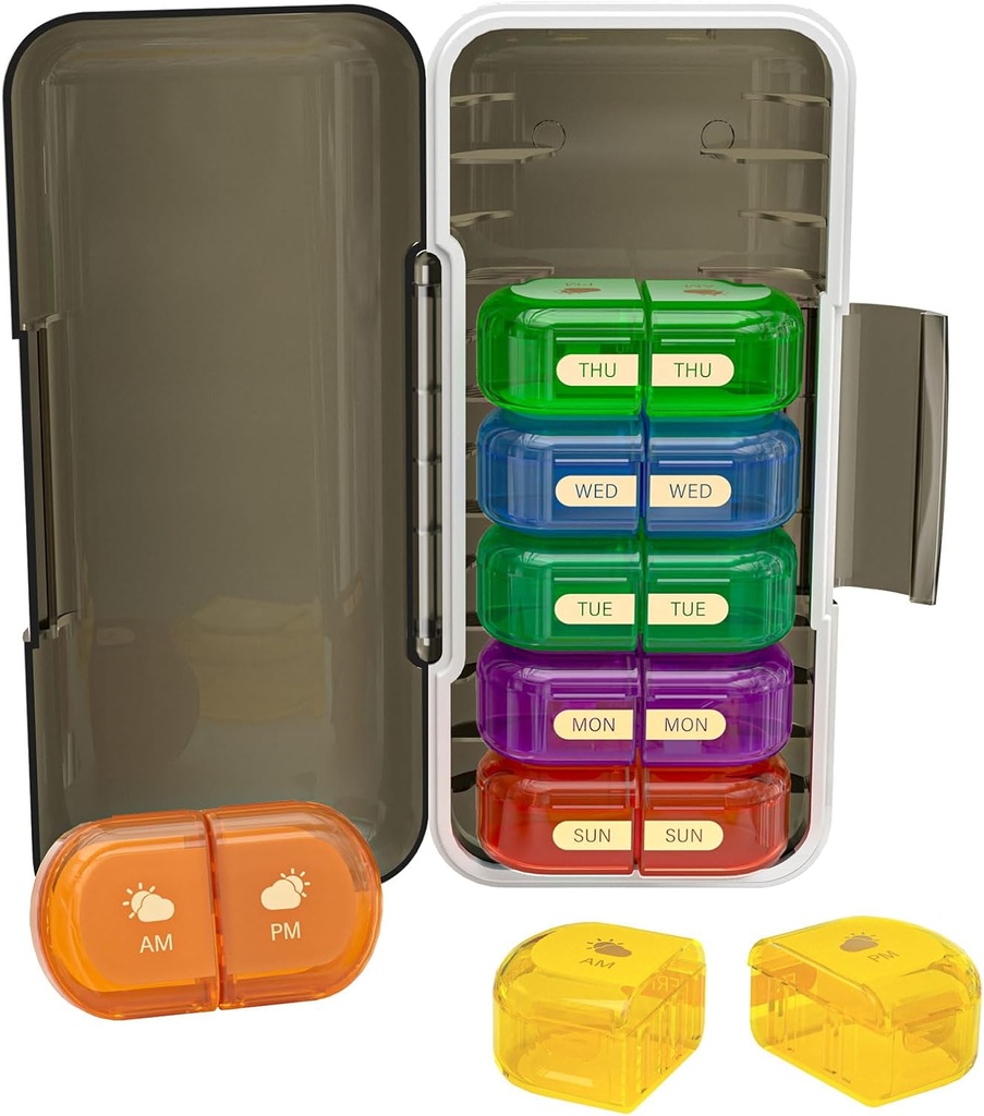 Nedēļas piltuve Organizators 2 reizes dienā, Mitruma proof, Atdalāmie iecirkņi, AM PM Pill Box 2x 7 diena, Travel Pill Organizators cilpiņām/zivju eļļai/medikamenti/vitamīnam/pielikumi (melns + krāsains)