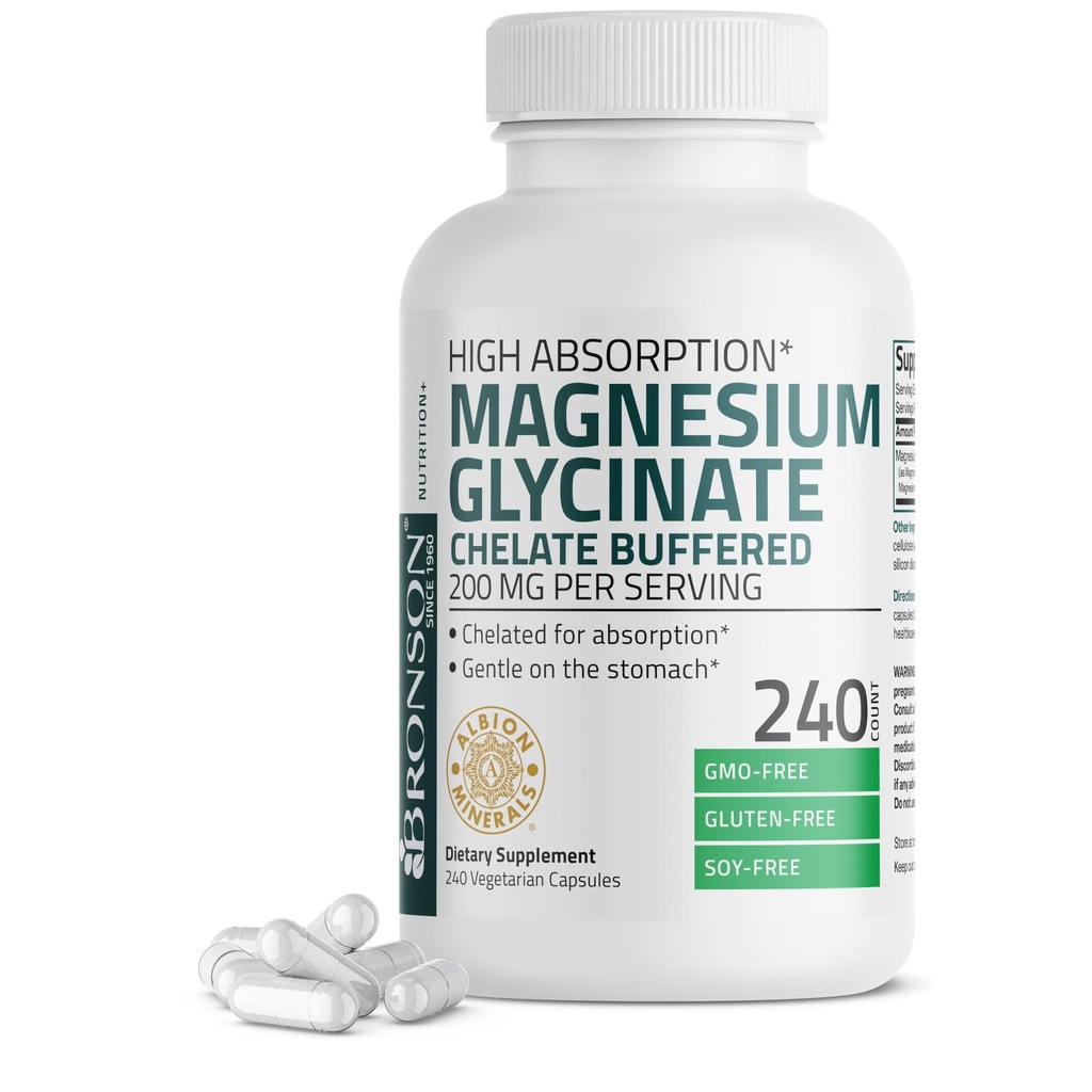 Bronsons Magnijs Glicinē 200 MG uz vienu Kalpojošo Helētu augstas absorbcijas, Maigas vēdera, Ne- GMO, 240 Veģetārās kapsulas