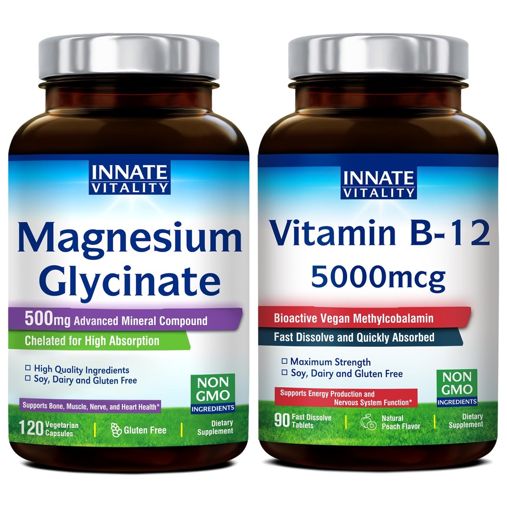 Iedzimta Vitalitāte Magnija glicināts & Vitamīns B12 Pack, Nav Gluten & Vegan, Magnijs (120 Caps) & Vitamīns B12 (90 Ātri izšķīdina Tabs), Vērtības Iepakojums, Bandle & Saglabāt