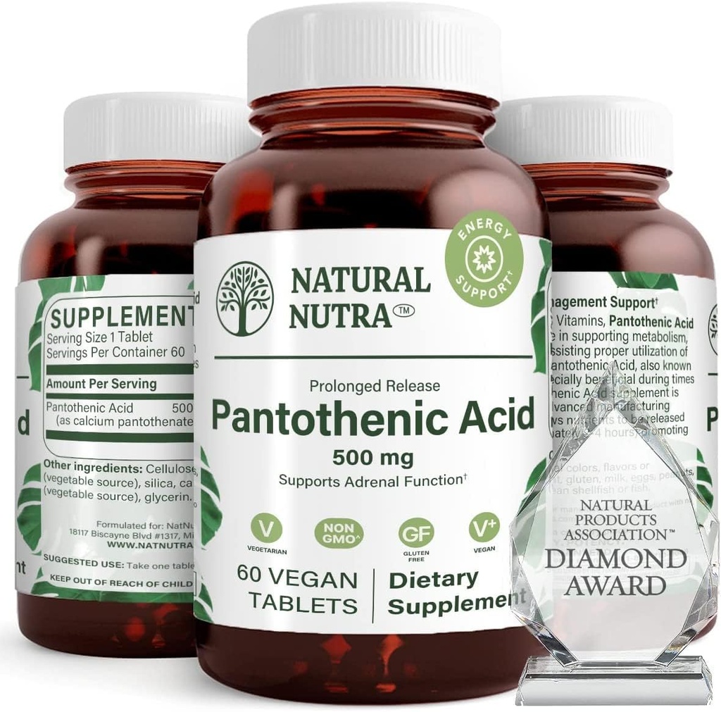 Dabas Nutra Time Release Pantothenic Acid 500 mg, Vitamīnu B5 Papildinājums palīdz pārtraukt tauku un ogļhidrātus, Metabolismu un enerģiju, Uzlabot muskuļu veselību, 60 Veģetāru tabletes (3 iepakojums)