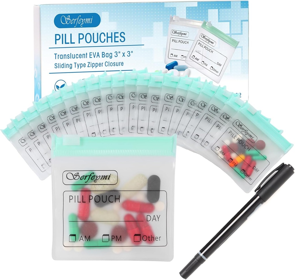 Serfeymi 32 Pcs Zippered Pill maisi Organizators Plastmasas maisi 3 X 3 collas 12 mil Paša blīvēšana ar slide Lock Rakstāms etiķete Caurspīdīgs Travel Medicine uzglabāšanas soma un 1 Pc Marker-Green