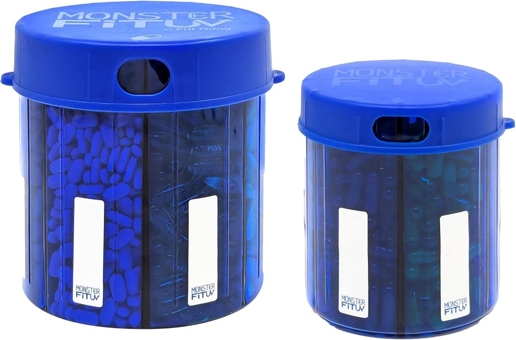 Monster Papildinājums Zāles Pill Dispenser ar iecirkņa etiķetes - Extra Large Pill Konteinera Pudeļu rokturi Gandrīz jebkurš papildinājums - Viegli iztikt (Monster Blue & Monster Jr. Blue)