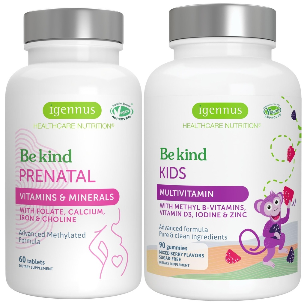 Augsta absorbcija Metilēta Prenatālā + Advanced Kids Multivitamīnu Gummy Vegan Bandle, tīra etiķete ar A, B, C, D3 & E vitamīnu, 60 tabletes + 90 Berry Flavor Gummies, Igennus