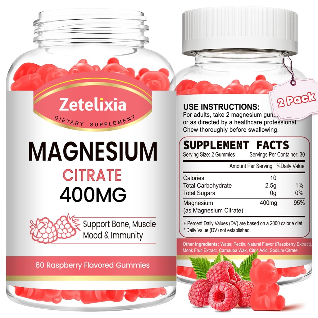 2 Iepakojums Magnija citrāts Gummies 400MG, Augsta Absorbcija Magnija Gumijas pieaugušajiem, Muskuļu un zobu atbalsts, Vegan 120 Cts