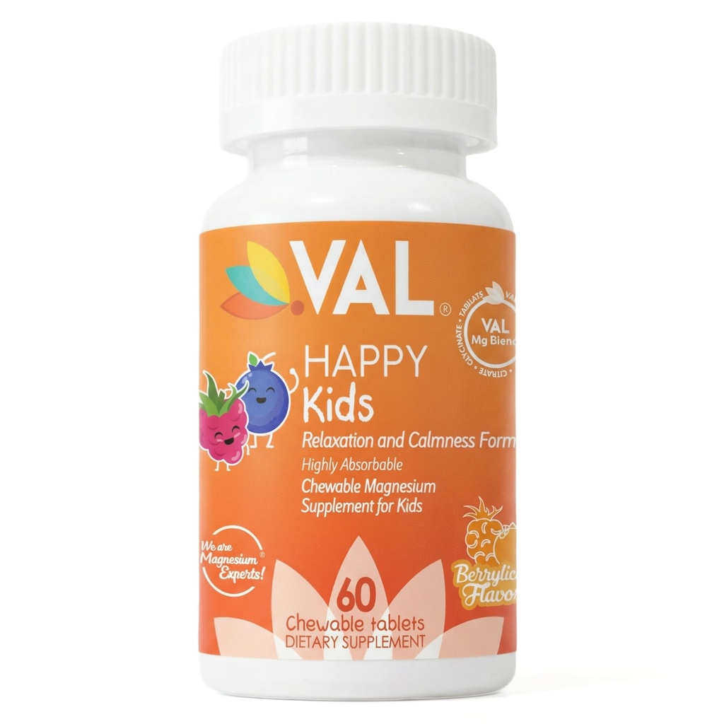 VAL Magnijs bērniem ; Augstas absorbcijas magnijs mierpilnam, relaksējošam un fokusējamam; Mg Glicināts, citrāts un Taurāts; ar vitamīnu B6, D & C; bezcukura, ne-GMO; 60 košļājamās tabletes