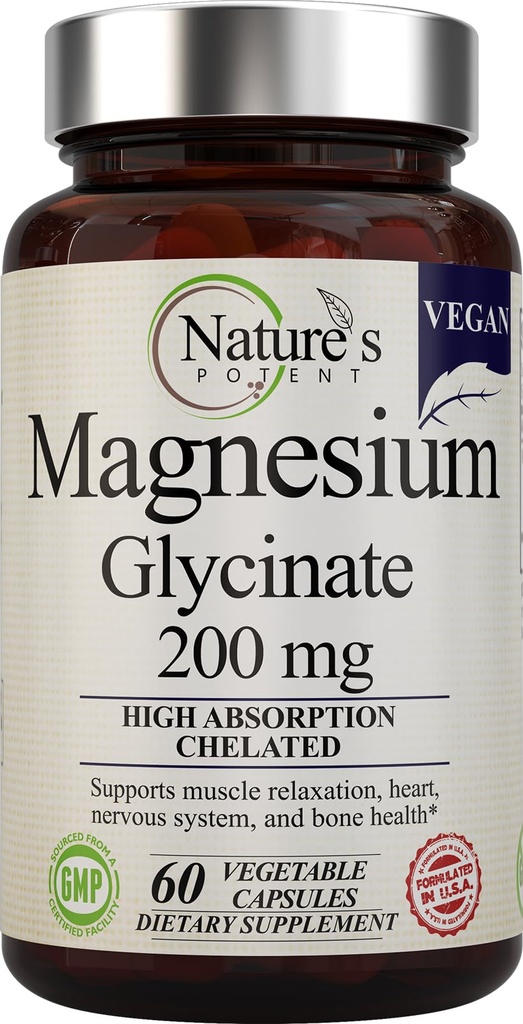 Dabas spēcīgais magnijs Glicinēt 200mg - Augsta Absorbcija Helated Magnijs -- Miega, Calm & Muskuļu Krampja atbalsts - Vegan Papildinājums - 60 Kapsulas
