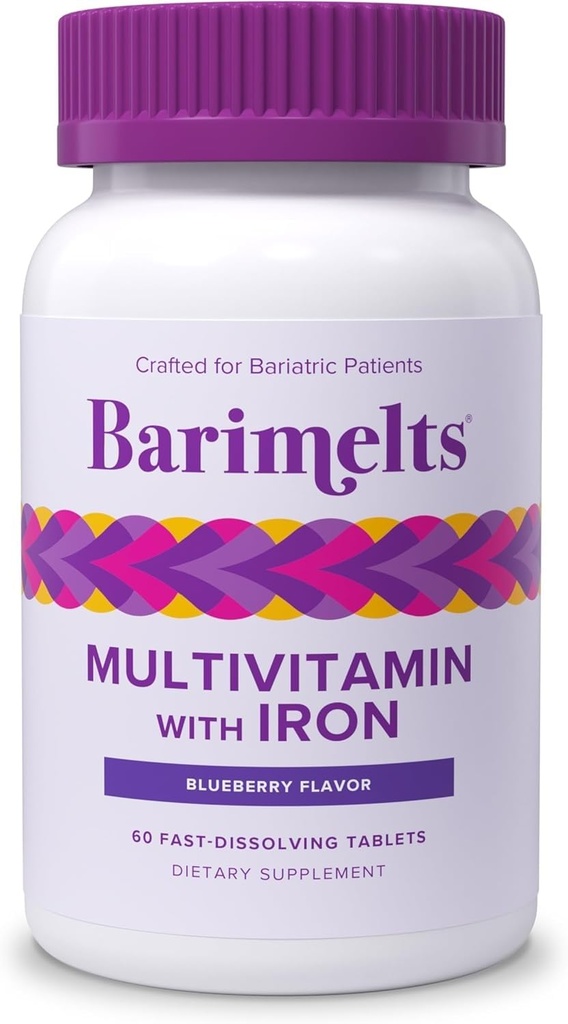 BariMelts Bariatriskie multivitamīni ar dzelzi - 1 mēnesis Apgāds (60 ātras šķīdināšanas tabletes) - Bezcukura - Pēc-Op Bariatriskie Vitamīni - Dabiskie melleņu uzliesmotāji