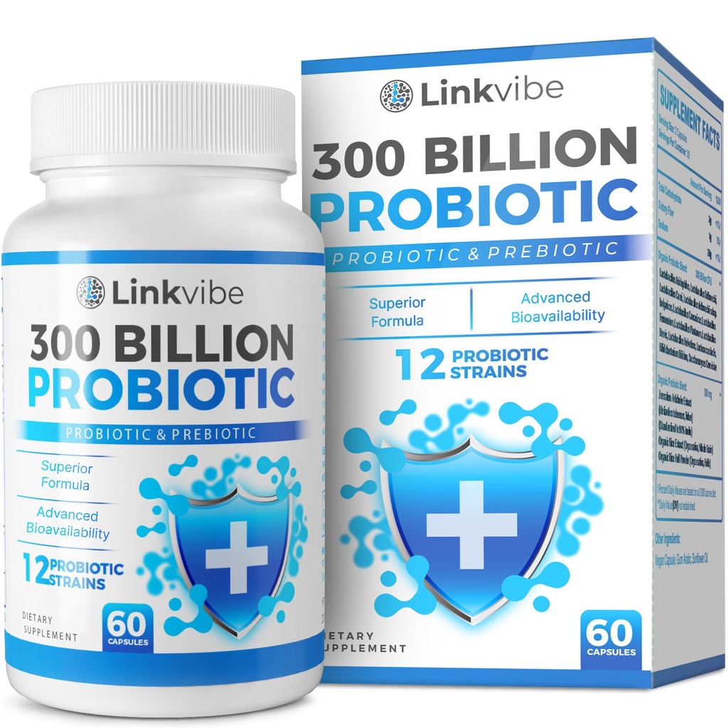 Probiotikas 300 miljardu KVV - 12 celmi ar Organic Prebiotics Gremošanas & Gut, Imūnās, Bloating Health - Probiotikas sievietēm un vīriešiem - Daily Daily Dairy Free, Plaukts Stabils - 60 Skaitļi