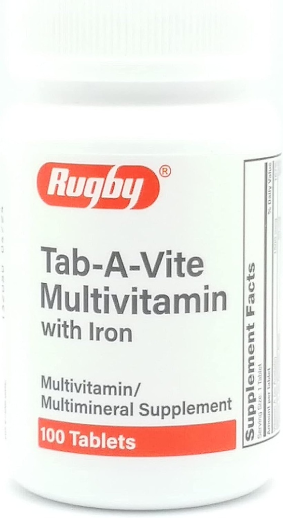 Rugby Laboratories Tab-A-Vite Multivitamīnu ar dzelzs Multiminerālu Papildinājums A, C, D Tiamīns Riboflavīns Niacin Folāts Pantotēnskābe 100 tabletes (1. iepakojums)