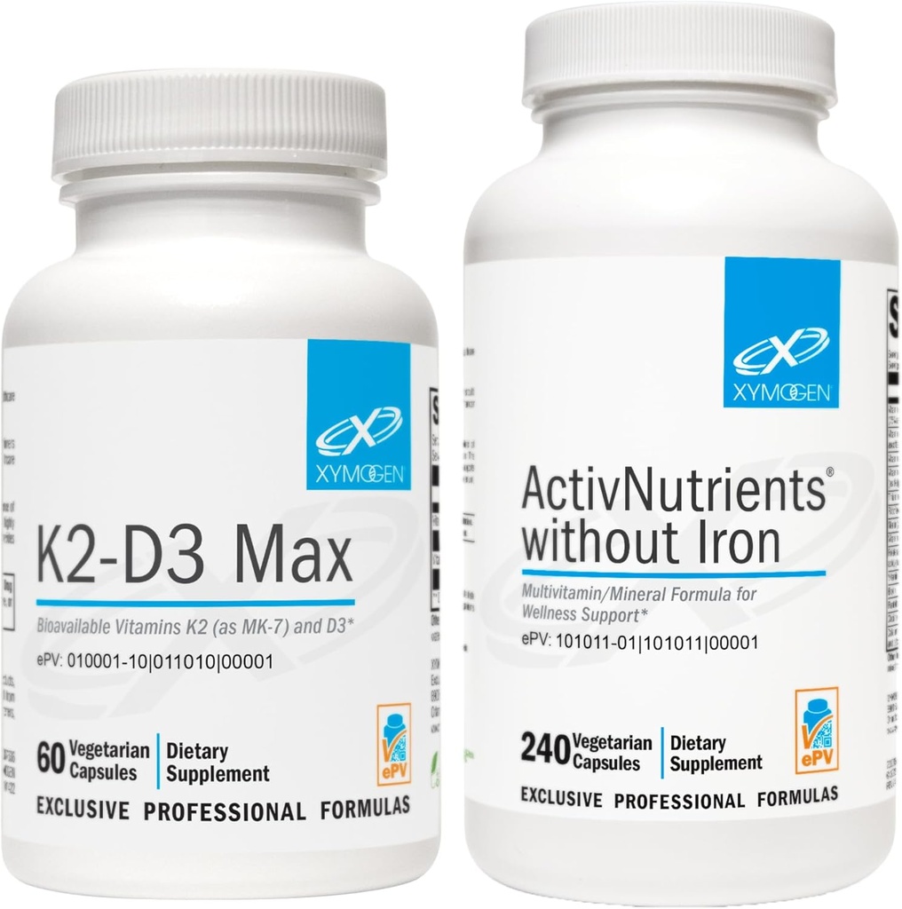 Activity XYMOGEN Nutrients bez dzelzs (240 kapsulas) + K2-D3 Max (60 kapsulas) - Multivitamīns enerģijai un garastāvokļam Atbalsts ar D vitamīnu 5000 SV Kapsulas + K2 vitamīns