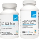 Activity XYMOGEN Nutrients bez dzelzs (240 kapsulas) + K2-D3 Max (60 kapsulas) - Multivitamīns enerģijai un garastāvokļam Atbalsts ar D vitamīnu 5000 SV Kapsulas + K2 vitamīns