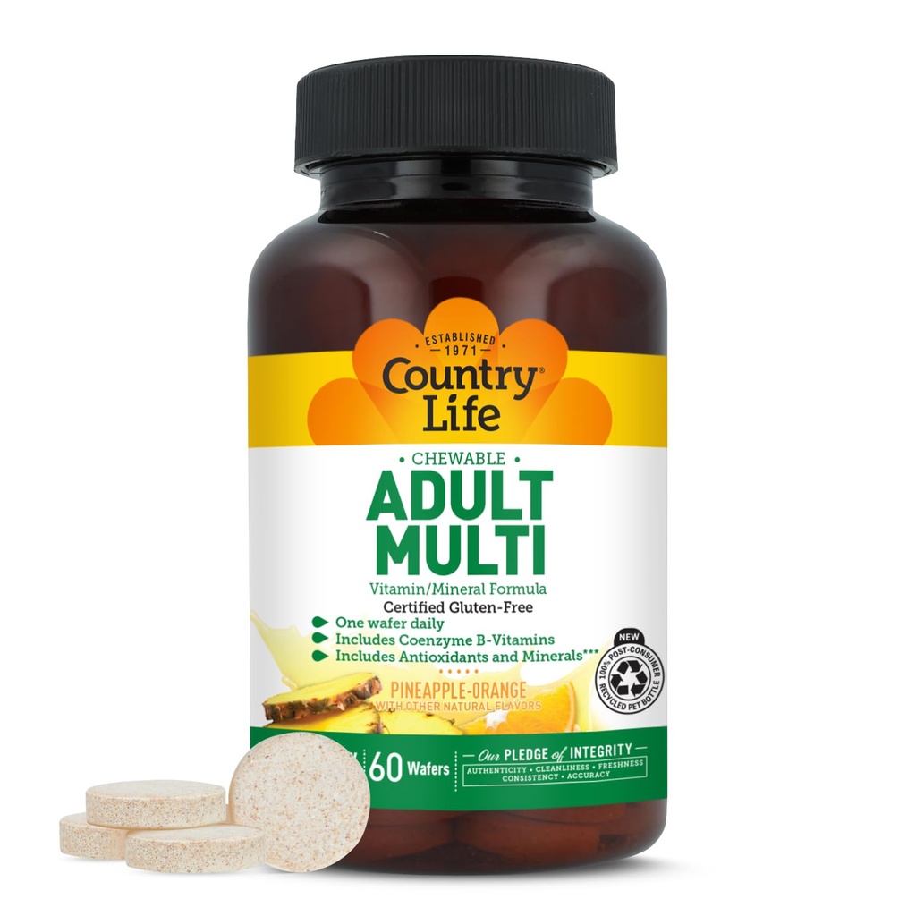 Košļājami multivitamīni ar koenzīmiem B-vitamīniem, antioksidantiem, minerālvielām, ananāsu-oranžs Flavor - atbalsta enerģijas vielmaiņu un imūno veselību, bez lipekļa - 60 Wafers