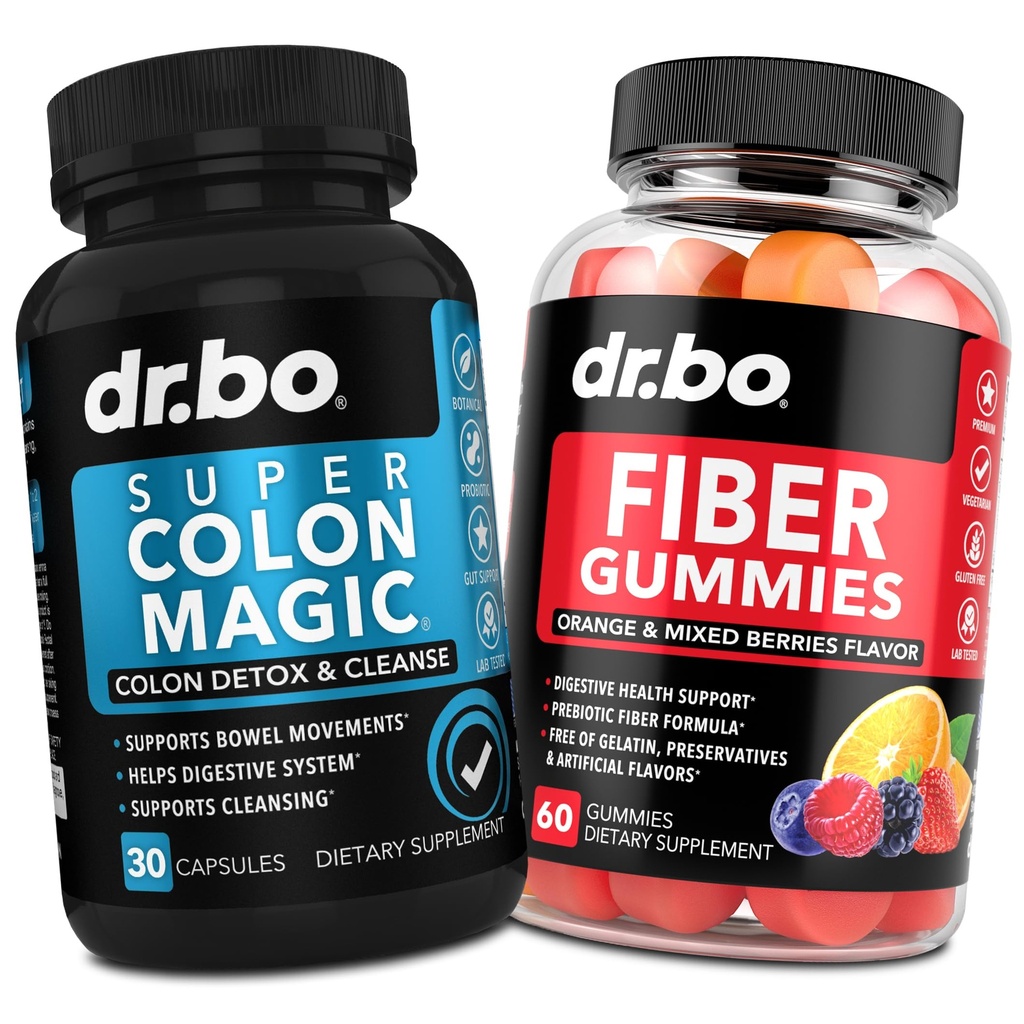 DR. BO Fiber Gummies & Colon Cleanse bagātinātāji - Garšīgs gumijas Prebiotic Fiber papildinājums - Super Colon Magic Bounel Kustība Atbalsts Gut & Kuņģis Tīrīšana
