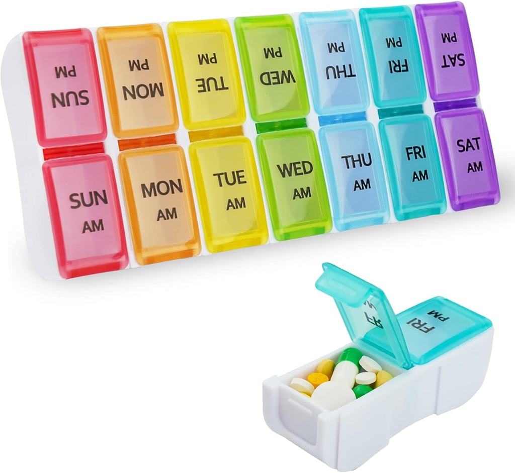 DailyRest Pill organizētājs 2 reizes dienā, Pill Box 7 Day, AM PM Pill Case, Atdalāms Weekly Pill Container, Varavīksnes See-Trause Lids, Travel Portable Medicine Konteiners Pill/Vitamins/Applements