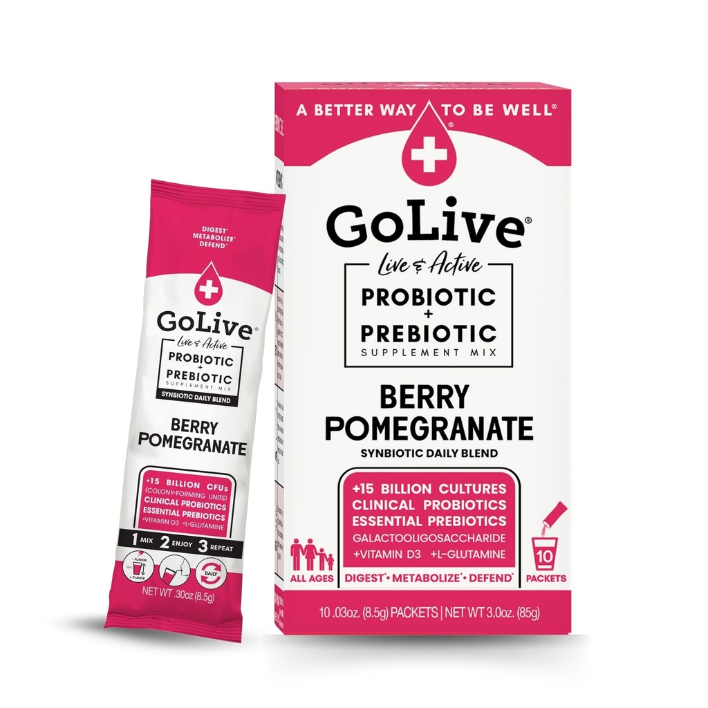 GoLive Prebiotic un probiotikas sievietēm, vīriešiem, bērniem. Ogu Granātāboli Synbiotic Pulveris w/ L-glutamīns, D3 vitamīns, Elektrolīti. Gut Health, Digestion, Metabolism, Immunity 15-50B KVV.