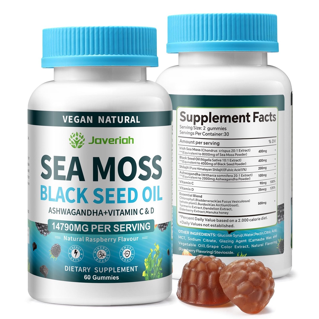 Vegan Ashwagandha Sea Moss Gumies - melna sēklu eļļa, vitamīns C&D imūnās uzturvielas, gremošanas, antioksidants 13 1 Bundle, Sea Moss Chlorophyll Advanced Strength Formula 2Pack 120 Gummies