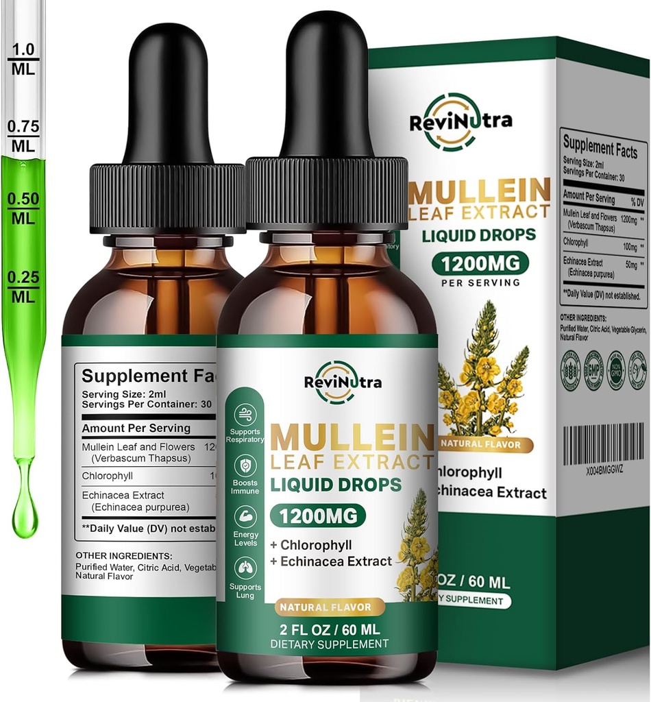 2 Iepakojums Mullein Pilieni Lungs, 1200mg Mullein Leaf ekstrakta šķidruma pilieni ar hlorofilu plaušu tīrīšanai un detoksam, Respiratorās, imūnās, gremošanas sistēmas atbalsts