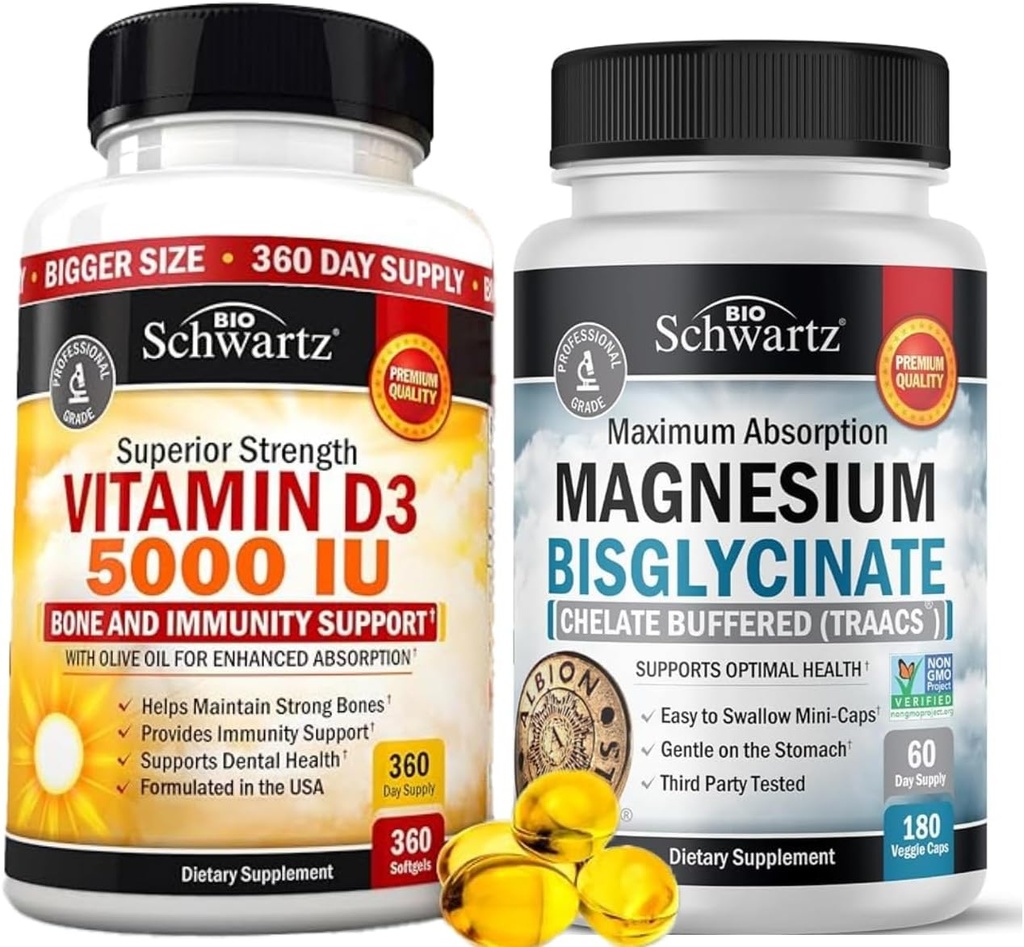 Augsta stipruma D3 vitamīns 5000 SV 125 μg (1 gada iepakojums) Plus augsta uzsūkšanās Magnija bisglicināta kapsulas (2 mēnešu iepakojums)