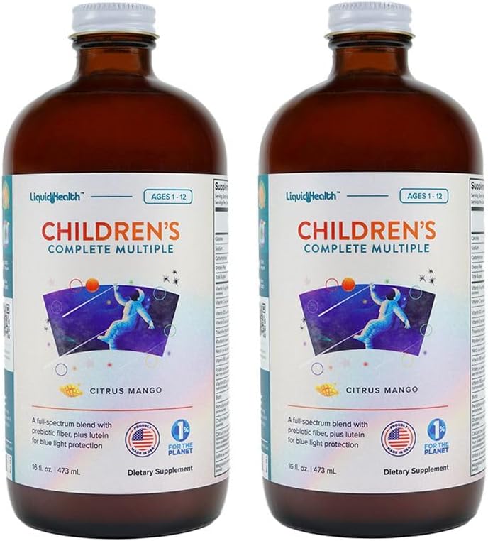 LIQUIDHEALTH Bērnu pilnīgi šķidri multivitamīni bērniem, todleri - būtiski vitamīni, uzturvielas un minerālvielas, imūnsupport, Gut Health - ražoti ASV, Vegan, ne ĢMO, bez cukura (2 iepakojumi)