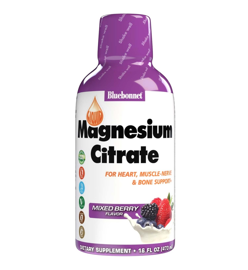 Bluebonnet Nutrition Magnija citrāts 420 mg - Calm Mind & Body* – uztur sirdi, muskuļus un miegu* – ne- GMO, Vegan, Kosher, bez lipekļa, bez sojas, bez piena – 16 FL OZ, jauktu berzi