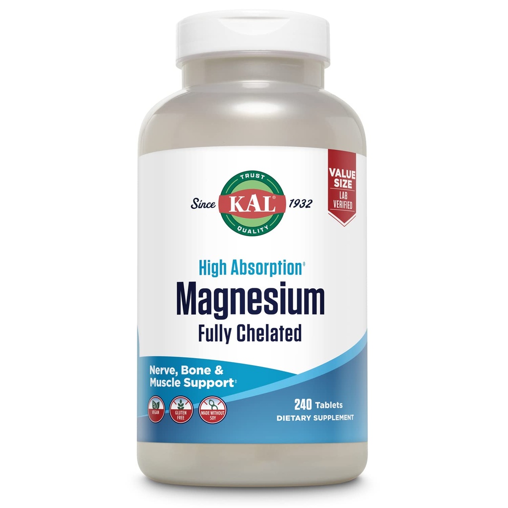 KAL Magnija Glicināta tabletes, pilnībā helātas, augstas absorbcijas formula ar magnija bisglicinātu Čelātu nervam, muskuļu un kaulu veselības atbalsts, vegans, bezglutēna, vērtības lielums, 240 tabletes