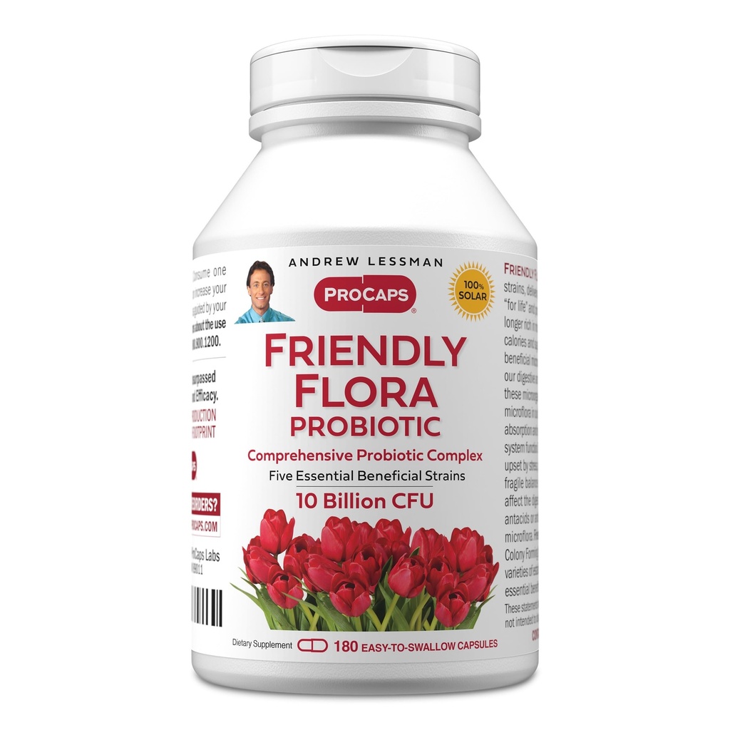 ANDREW LESSMAN Friendly Flora Probiotic 180 Kapsulas - 10 miljardi KVV, visaptverošs piecu probiotisko celmu savienojums, spēcīgs imūnās un gremošanas atbalsts. Probiotikas sievietēm vai vīriešiem