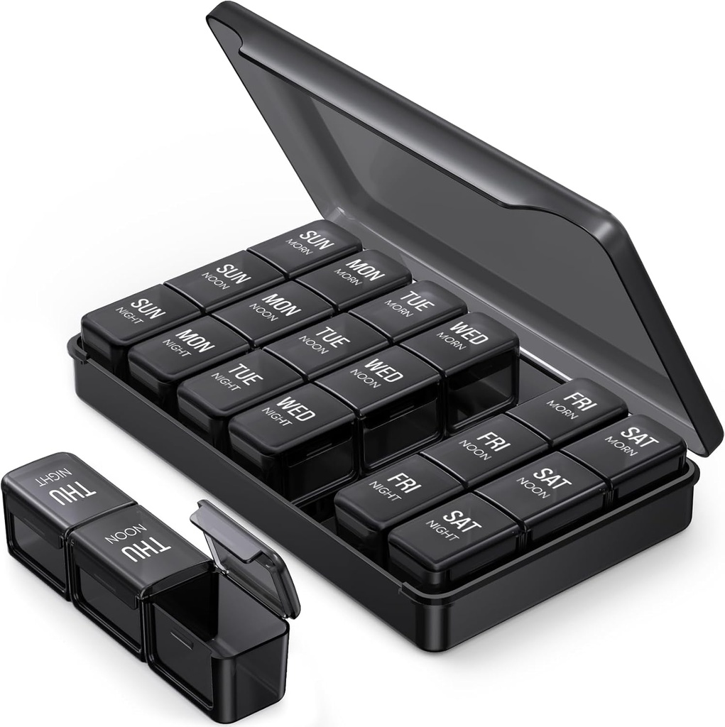 PULIV Pill organizēt 3 reizes dienā melnā krāsā privātuma aizsardzība, Portable Weekly Pill Box 7 diena ceļošanai, liels gaismas proof Pill kaste vitamīniem, medikamentiem, papildinājumiem un zivju eļļas
