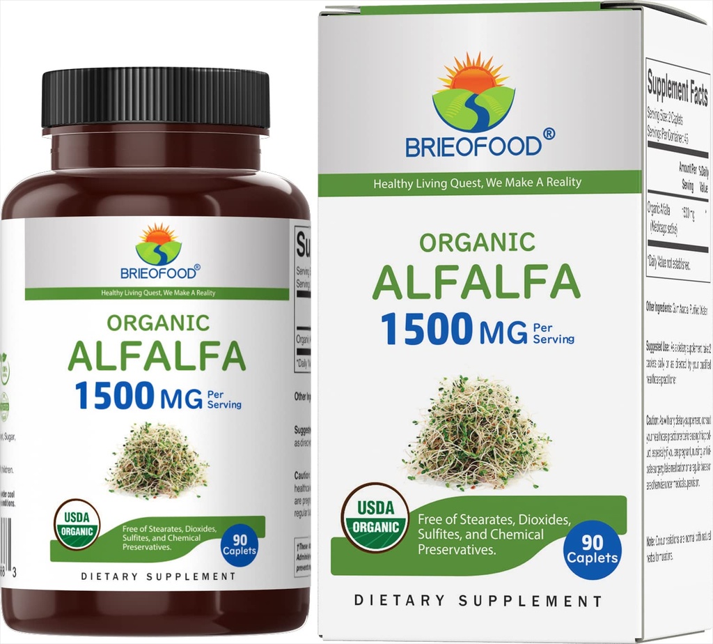 Brieofood Organic Alfalfa 1500mg, 45 Kalpojumi, Veģetārs, bez lipekļa, 90 Veģetārās tabletes