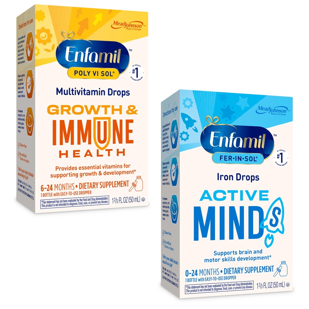 Enfamil Poly-Vi-Sol un Fer-in-Sol Drop Iron Liquid Drop Multivitamīnu piedevas zīdaiņiem un toddlers, 2x50 ml Dropper pudele