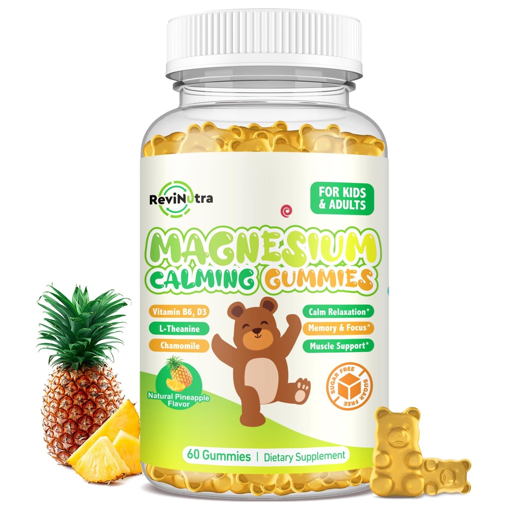 Magnija Gumijas bērniem - Magnija Glicināt Gumijas Papildinājums ar L-Teanīnu, B6 vitamīns, D3 pieaugušajiem un bērniem, Kalmārs Magnijs miegam, Relaksācija, Smadzenes, Kauli, BezCugara Ananas 60ct