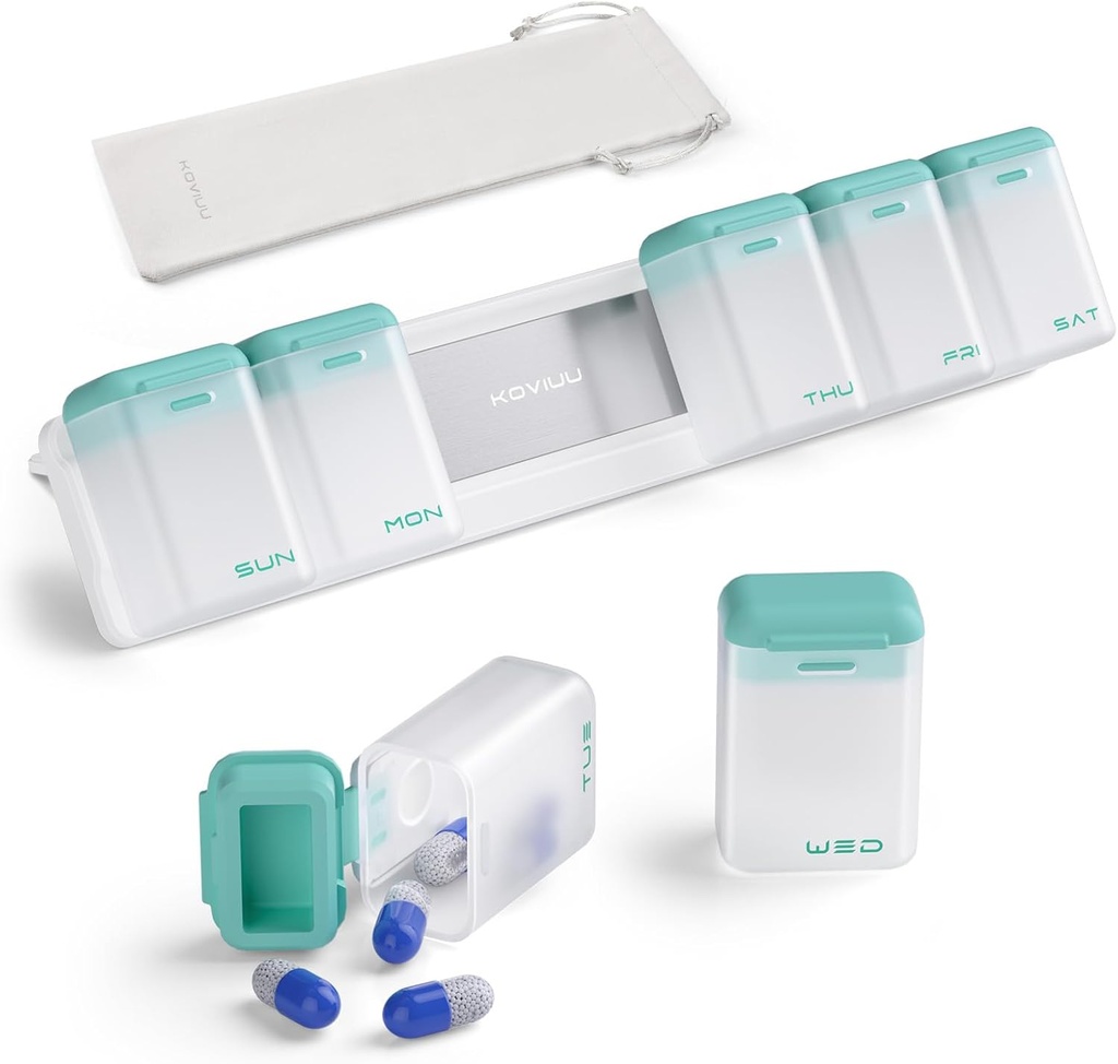 Katru nedēļu Pill organizētājs 1 laiks dienā, Magnētiskās Pill kaste 7 diena, noņemamu ceļojumu Pill kaste, reizi dienā Pill turētājs Konteiners, liels Medicīnas medikamentu dispensers, vitamīnu, papildinājums, tirkīza