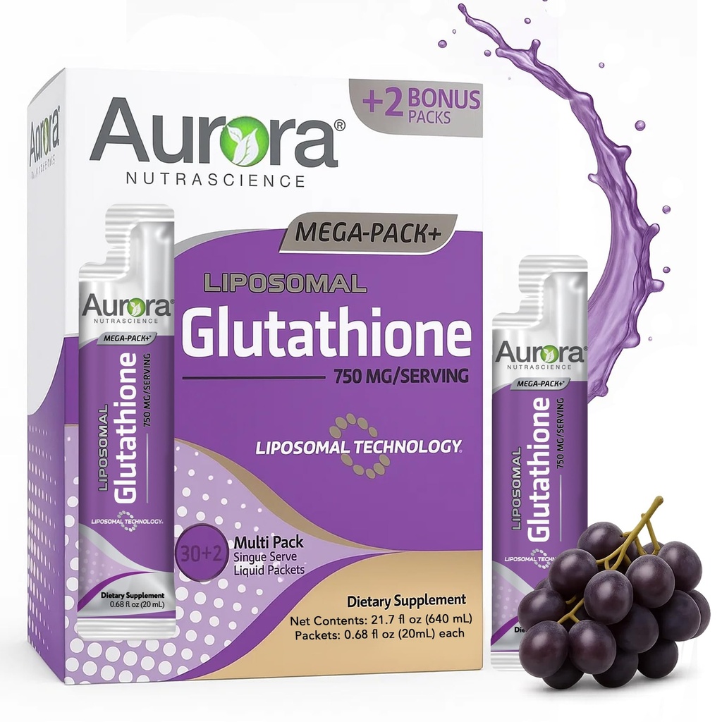 Aurora Nutrascience Mega-Liposomal Liquid Glutatione, Imūnās un antioksidanta Gut Health Support Papildinājums, 750 mg uz vienu Kalpo, Ne-GMO, Bezcukura, 32 Viena Serve Packets