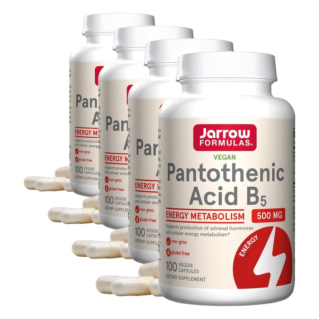 Jarow Formulas Pantothenic Acid B5 500 mg - 100 Veggie Caps - Essential B Vitamīnu uztura papildinājums - Enerģijas ražošanas un vielmaiņas atbalsts - 100 Servējumi (iepakojums no 4)