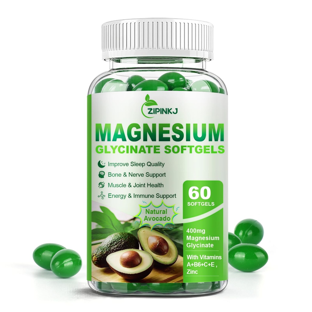 Magnija glicināts 400mg, Augsta Absorbcija Magnija papildinājumi Softgels ar vitamīnu E, B6, Cinka miegam, Calm, Muskuļu relaksācija & Kaulu veselība, bez lipekļa, ne-GMO, 60 softgels