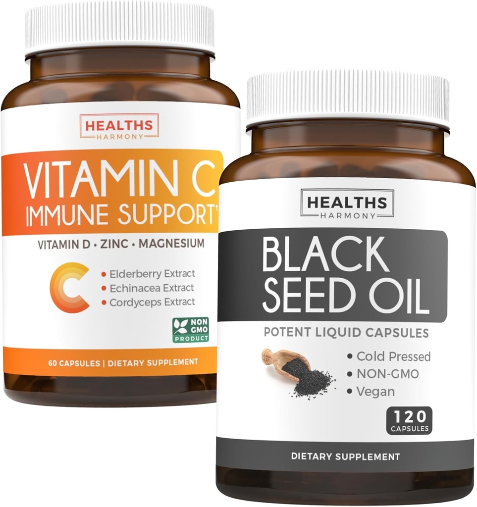 Melnas sēklas un C vitamīns (2-Mēness piegādes) Pilna aizsardzība Imūnās Bandle of Black Seed Oil - Nigellia Sativa Auksti presētas CUMIN SED (120 Capules) & Vitamīnu C Imūnsupport (60 Veģetāru tabletes)