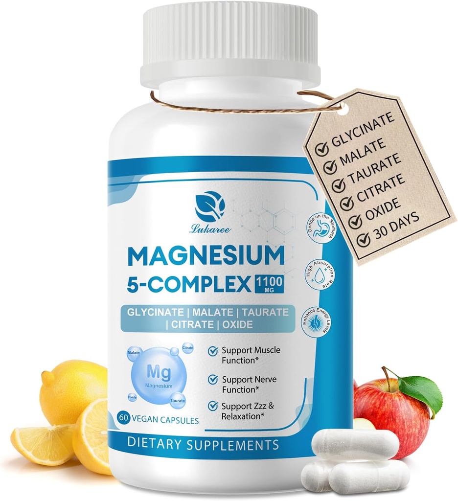 5–in–1 Magnija komplekss Papildinājums ar vitamīniem un augu ekstraktiem, 30 dienas Apgādā ar magnija glikonātu Citrāts malāts Taurate Oxide for Calm Kaulu muskuļu enerģija Kortizola līdzsvars, Vegan