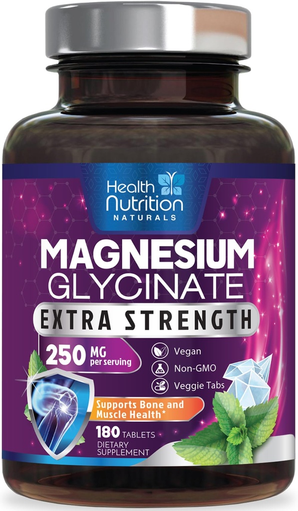 Magnijs Glicināt 250mg - 100% Helated Magnijs Max Absorbcija - Miega atbalsts, Muskuļi, Nervu, Kaulu un Sirds Veselības Atbalsts, Labākais Mag Papildinājums, Vegan Non-GMO, 3 Party Pārbaudīts - 180 Tabletes