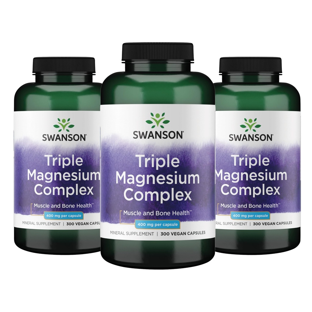 Swanson Triple magnija komplekss - Minerālu Papildinājums - Dabiskais atbalsts - Attīstošais citrāts, Oksīds un aspartāts - (300 kapsulas, 400mg Katrs, 3 iepakojumi)