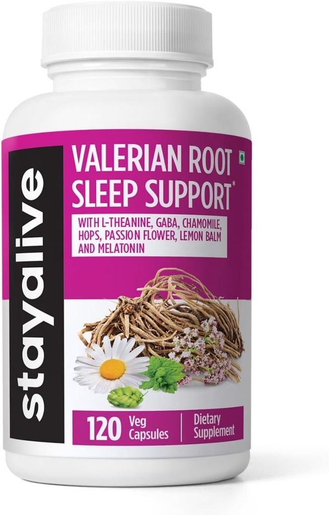 STAY ALIVE Baldriāna Saknes kapsulas, 8-in-1 ekstrakts w/Melatonīns, Passion Flower, L-Teanīns, Lemon Balm, Apiņi Zieds, Kumelīšu & GABA, 120 Valerian Pills, Non-GMO & Gluten-free Natural Miega papildinājums